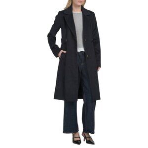 COLE HAAN Navy Wool Blend Single Breasted Coat
